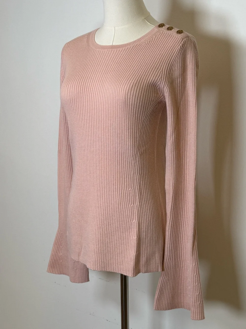 Tory Burch Pink Ribbed Knit Wool Sweater Crewneck Bell Sleeves Women’s Small